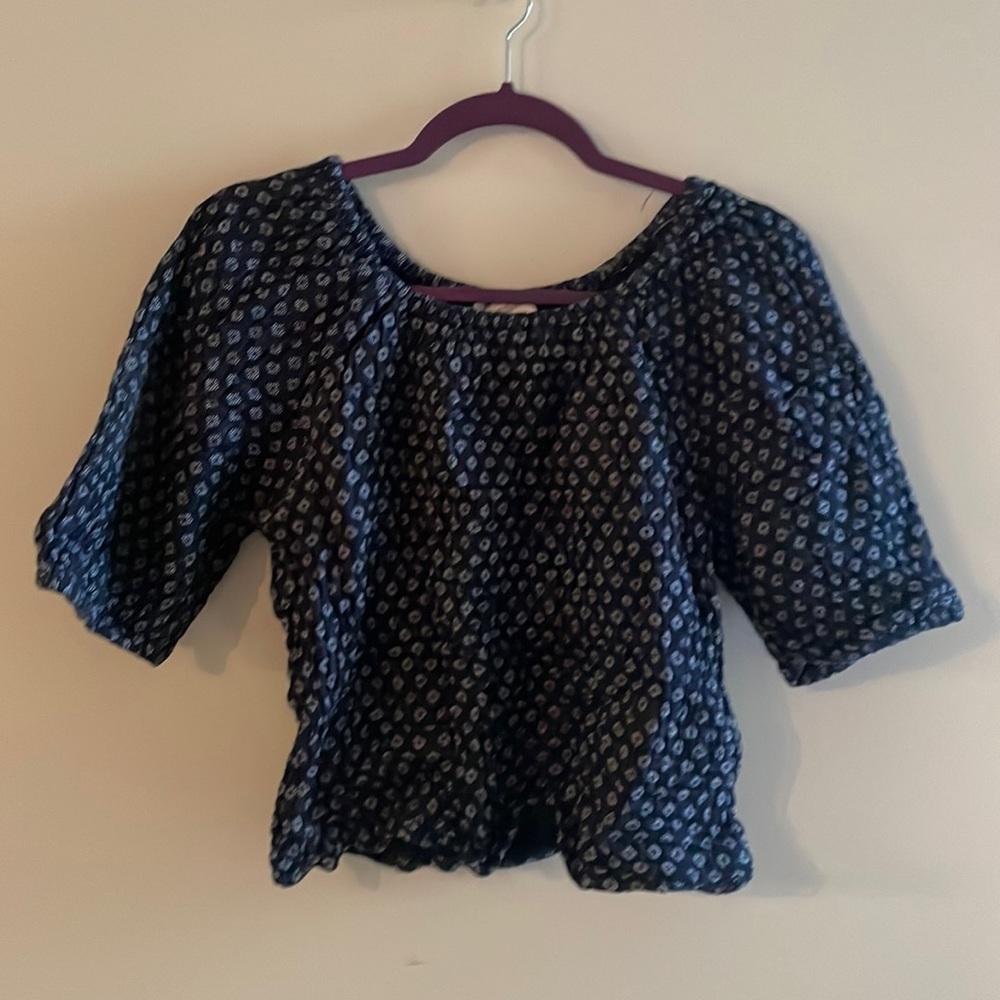 Navy Blue Top with White Circle Pattern and Elastic Neckline